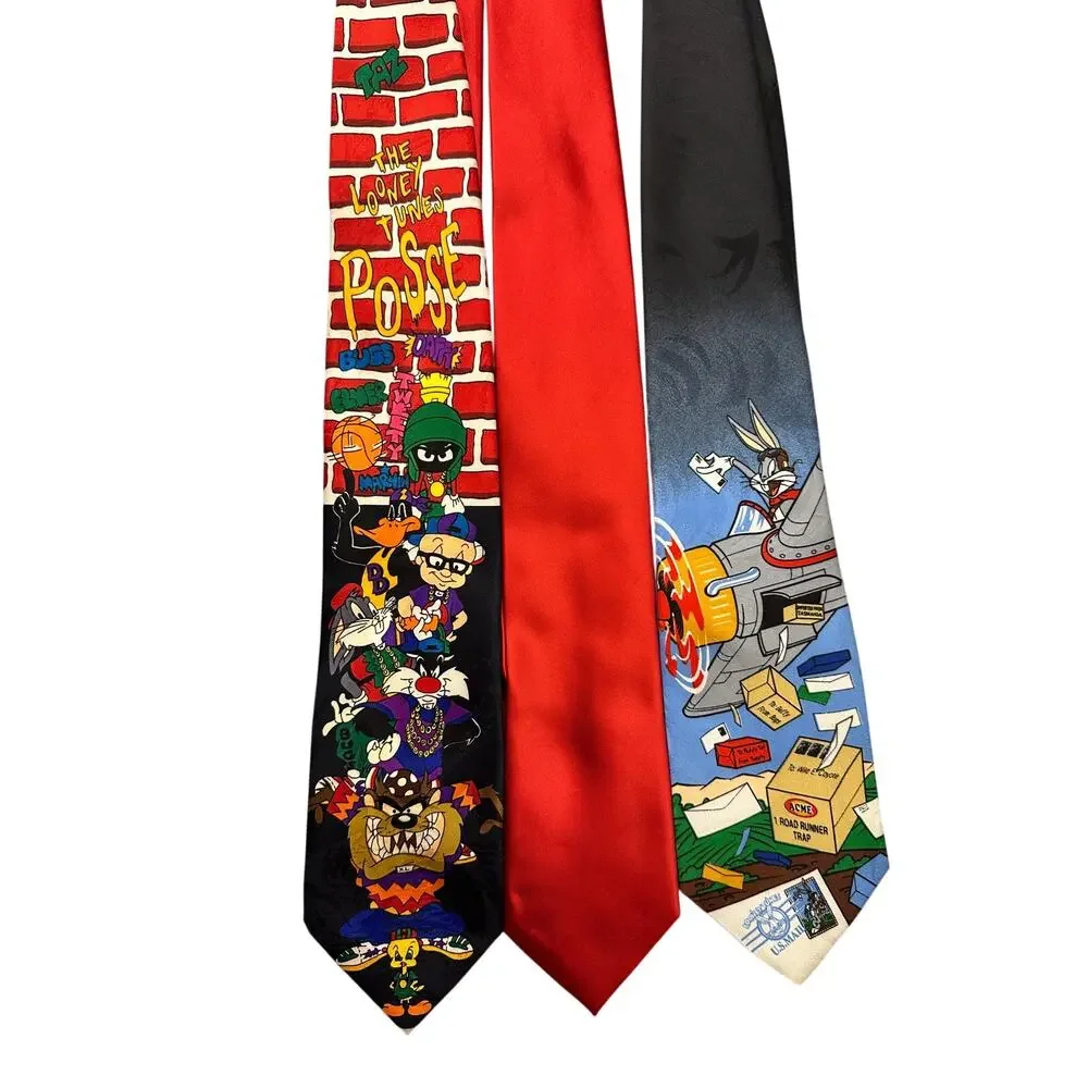 Looney Tunes Vintage Mens Tie Lot Posse Stamp Collection Red Solid 90s